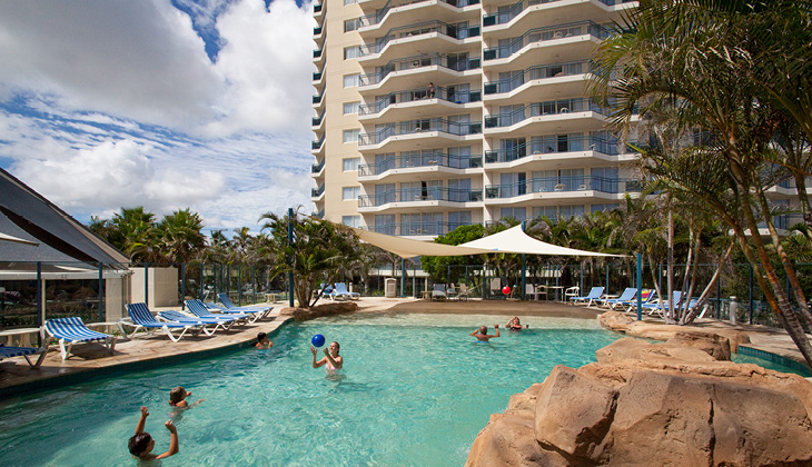 View of Club Wyndham Kirra Beach resort from the pool.