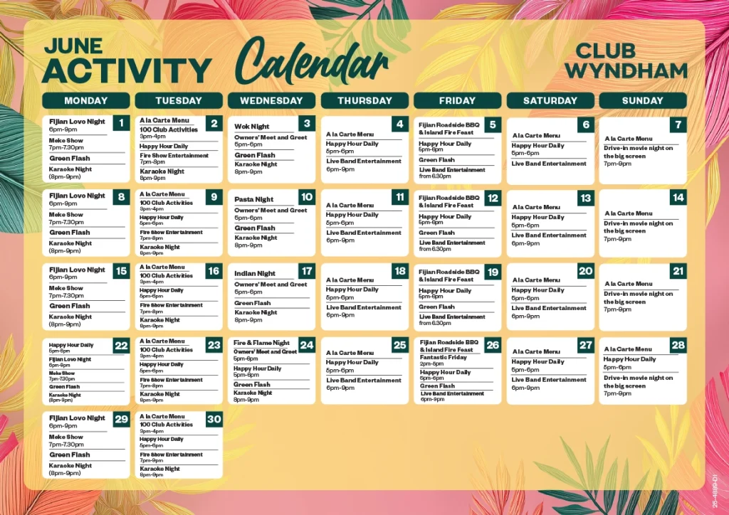 Club Wyndham Denarau Activity Calendar June 2026