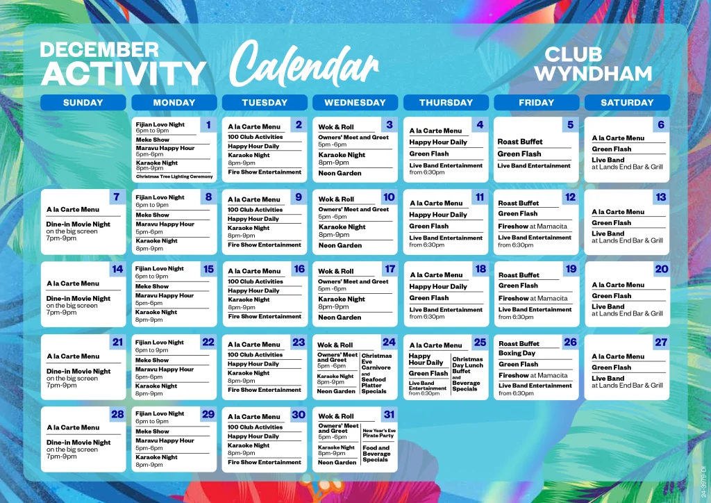 Club Wyndham Denarau December Calendar 2025