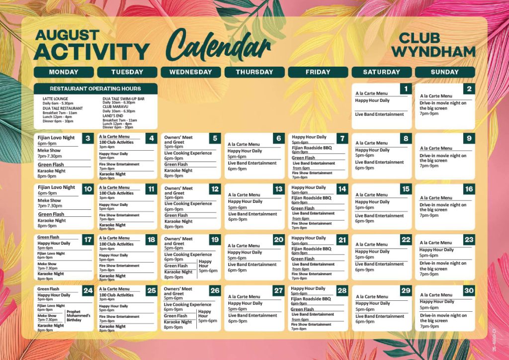Club Wyndham Denarau Food and Beverage Calendar August 2026