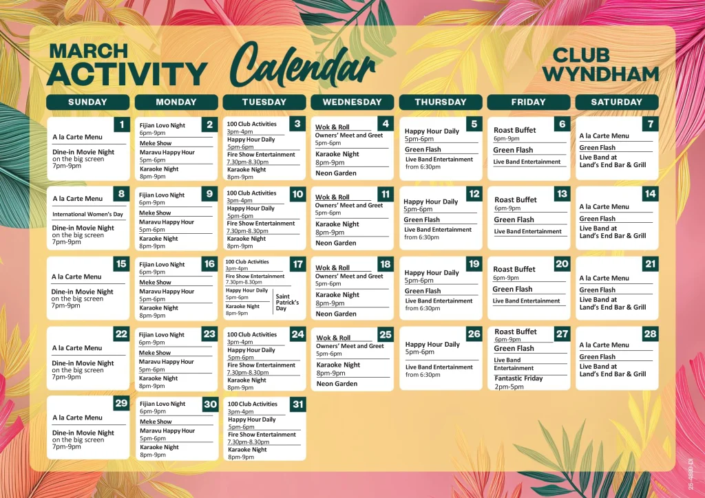 Club Wyndham Denarau Food and Beverage Calendar March 2026