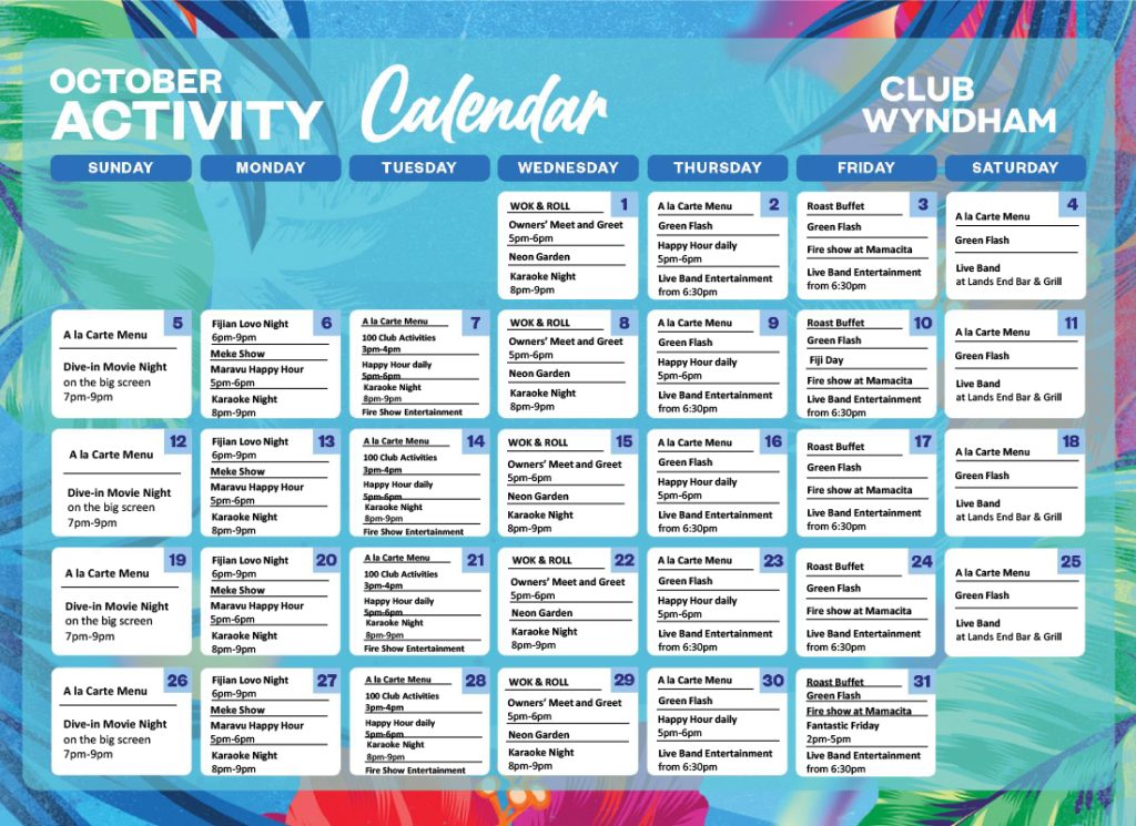 Club Wyndham Denarau Food and Beverage Calendar October 2025