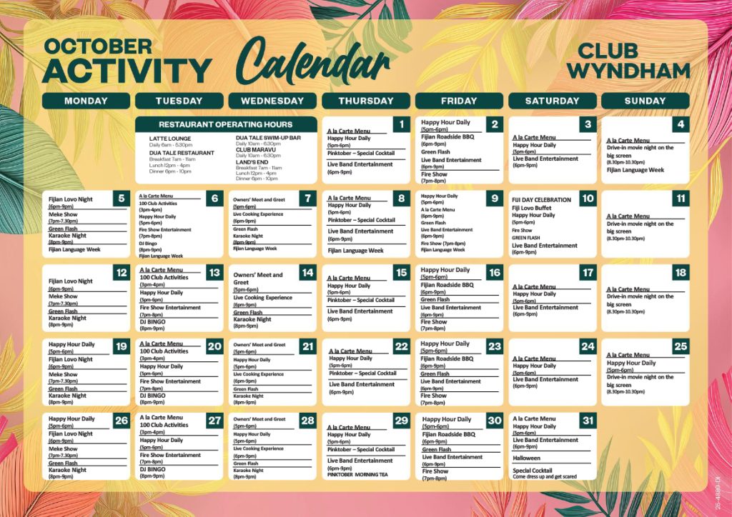 Club Wyndham Denarau Food and Beverage Calendar October 2026