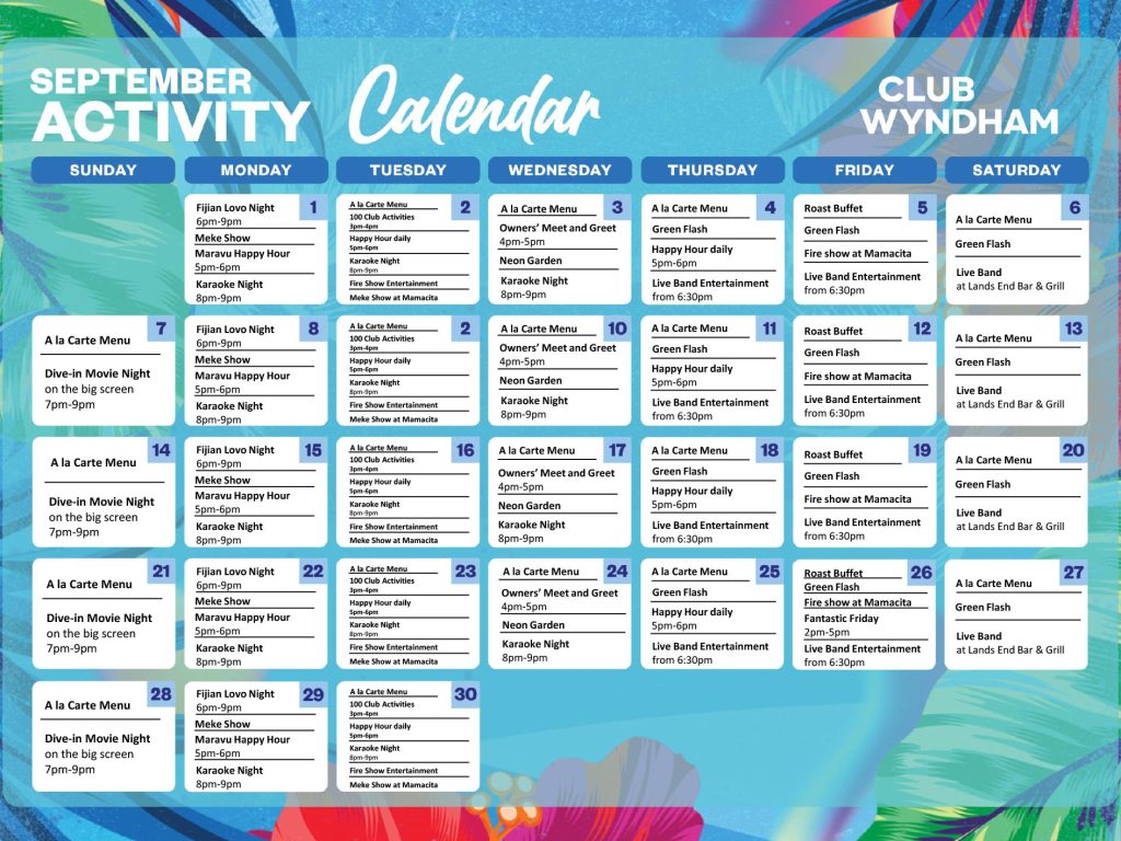 Club Wyndham Denarau September Activity Calendar 