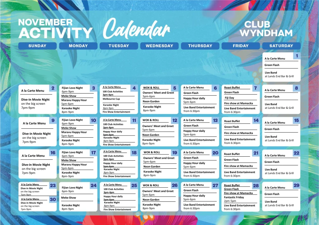 Club Wyndham Denarau November Activity Calendar 2025