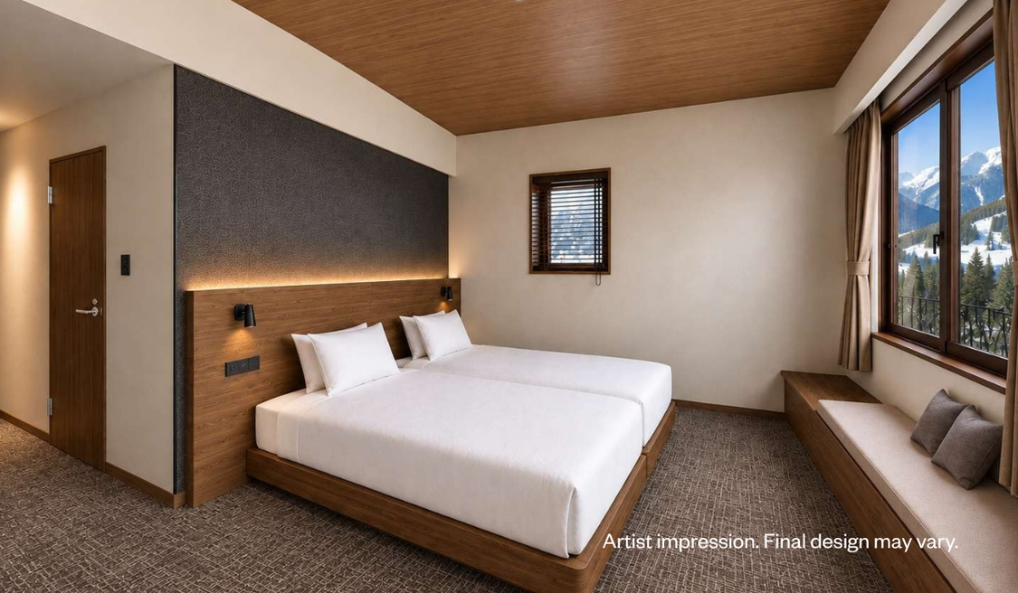 Artist impression of a refurbished guest room at Club Wyndham Maruike Shiga Kogen