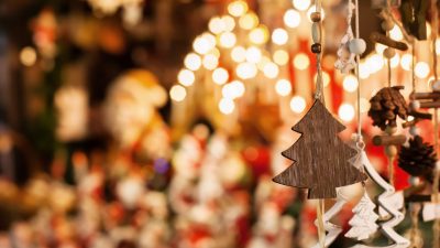 christmas decoration tree in the shop, winter street market in Europe
