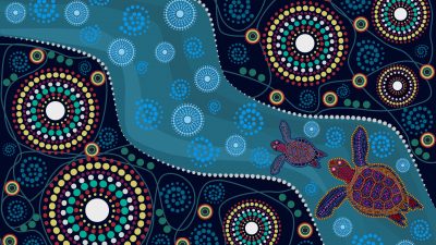 Landscape with turtles in decorative ethnic style. Australia culture art  with river and tortoise. Aboriginal style of dot painting. For flyer, poster, banner, placard, brochure. Stock vector illustration